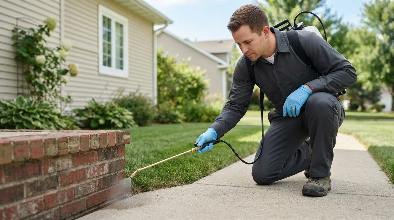 Pest control technician treating a home near Pickford, MI