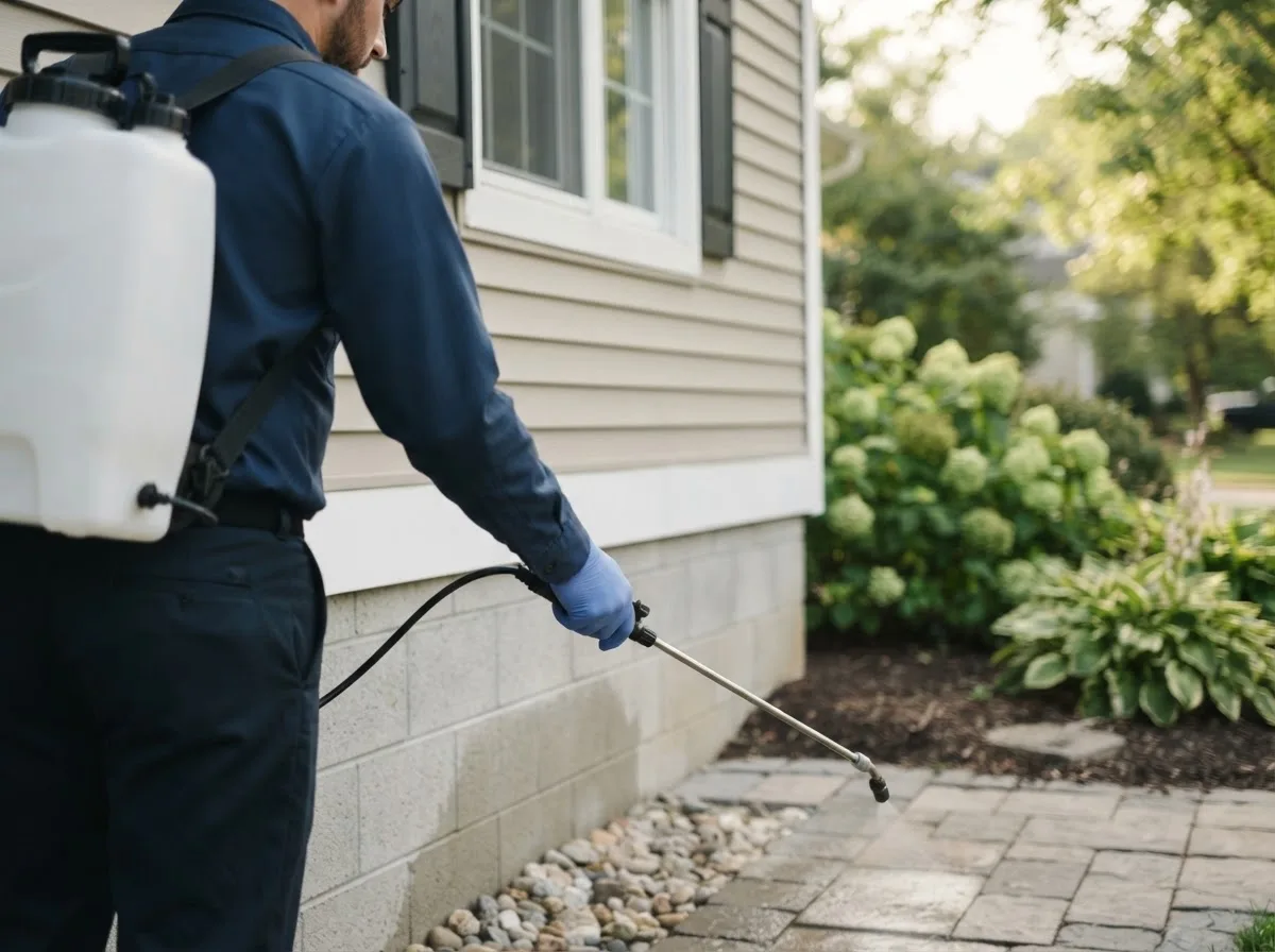 Pest control technician inspecting a home in Pickford, MI